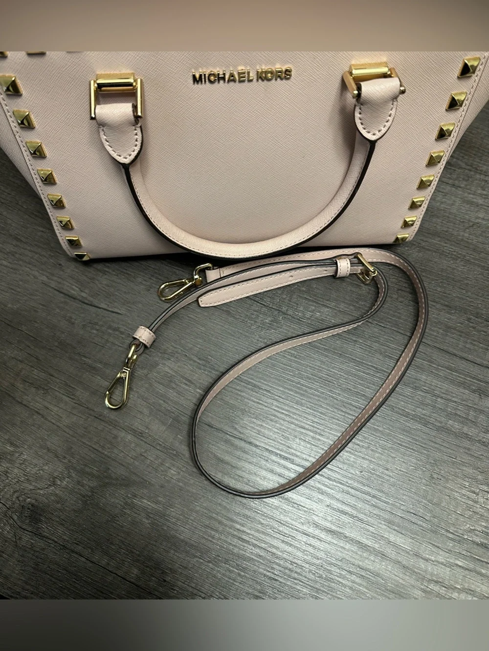 Michael Kors Blush Pink Studded Satchel with Gold Hardware